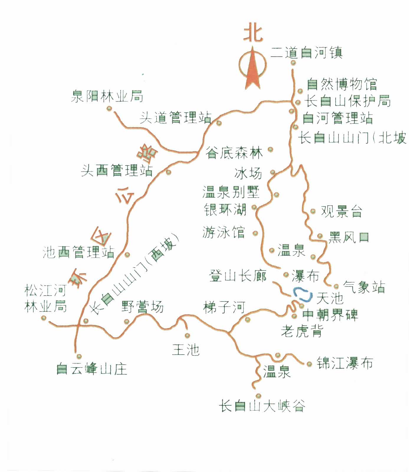 长白山北坡游览路线图图片